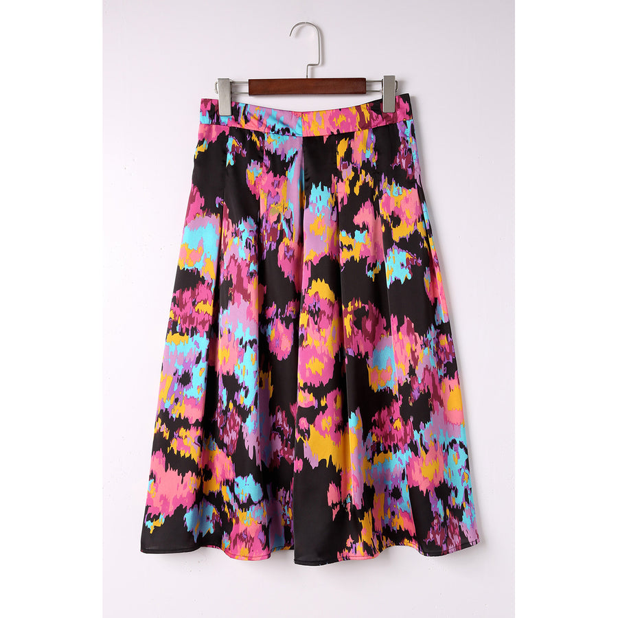 Womens Black Abstract Floral Print Pleated Slit Skirt Image 1