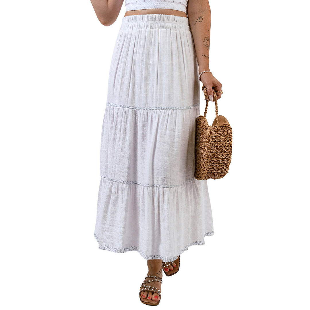 Womens White Tiered Lace Crochet High Waist Maxi Skirt Image 4