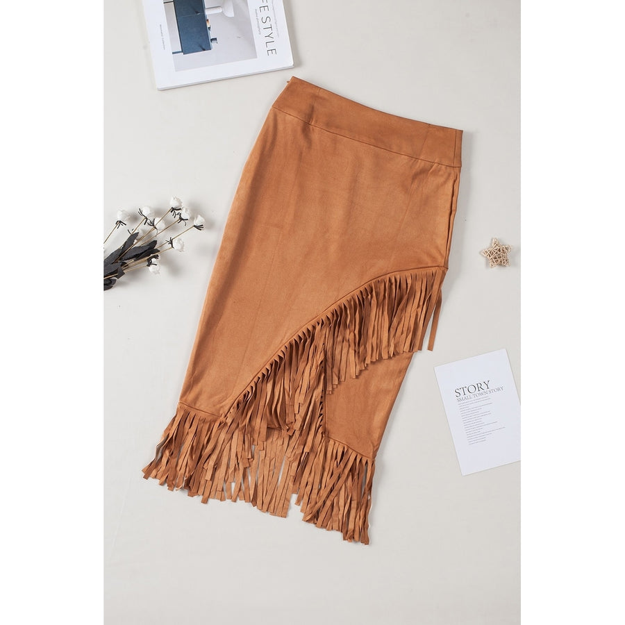 Womens Brown Fringe Asymmetric Wrap Suede Midi Skirt Image 1