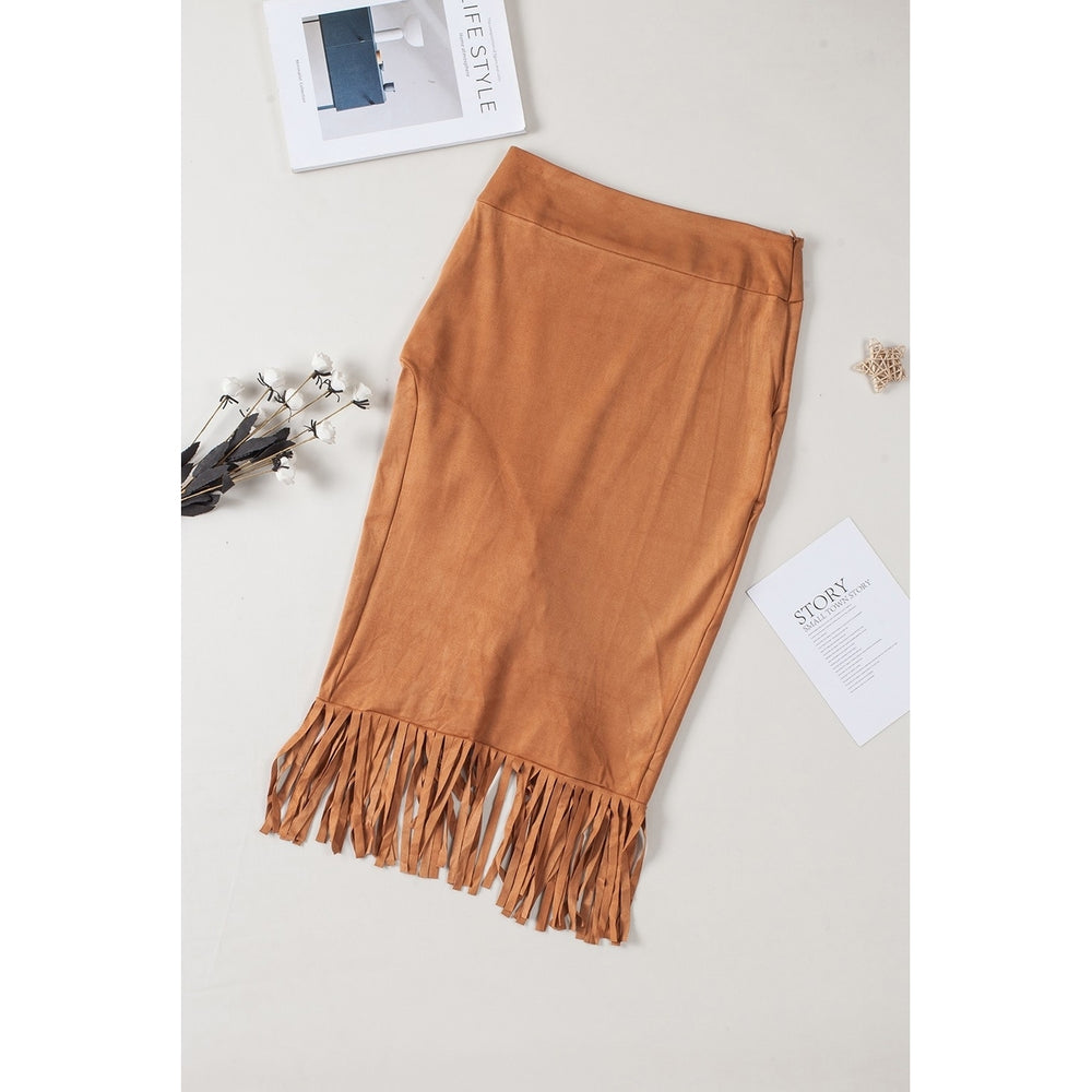Womens Brown Fringe Asymmetric Wrap Suede Midi Skirt Image 2