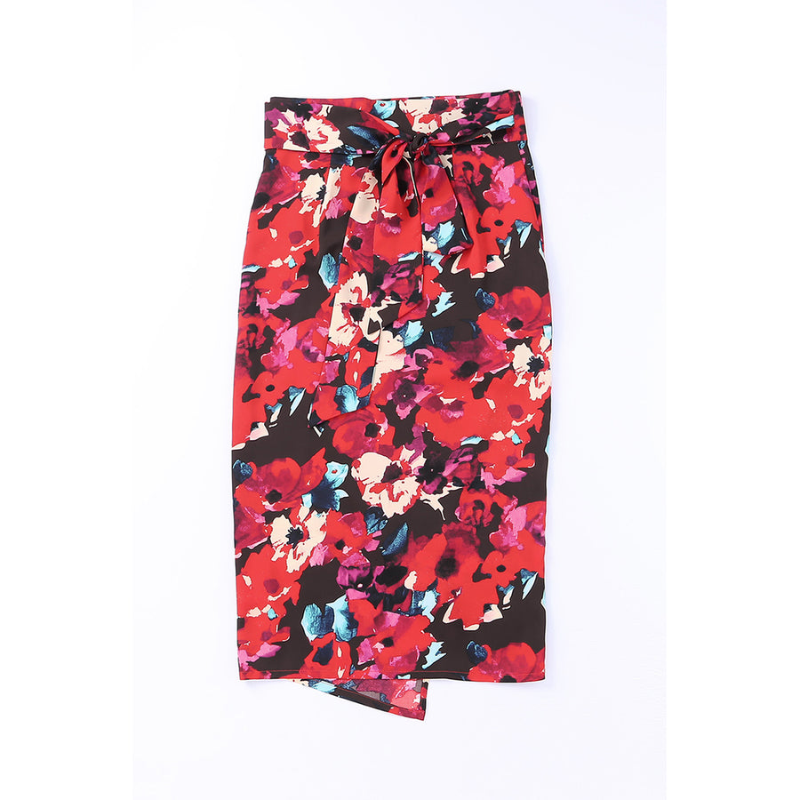 Womens Red Floral Wrap Midi Skirt Image 1