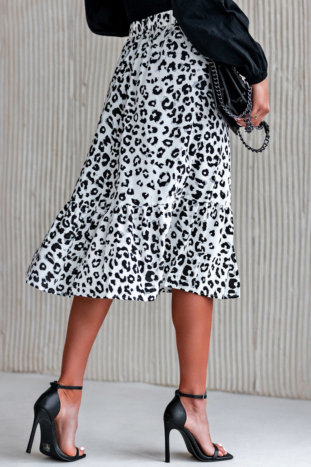 Womens Leopard Print Ruffle Hem Slit Midi Skirt Image 2