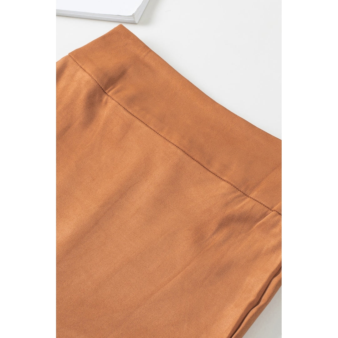 Womens Brown Fringe Asymmetric Wrap Suede Midi Skirt Image 3