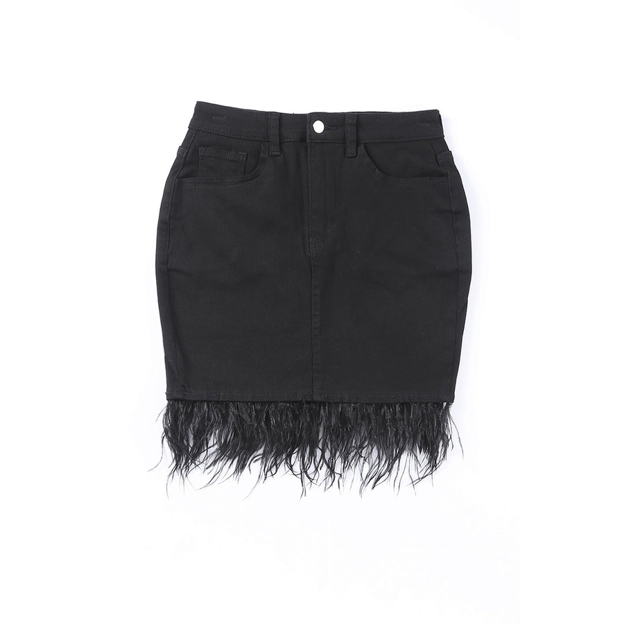 Women's Black Feather Fringed Denim Skirt Image 1