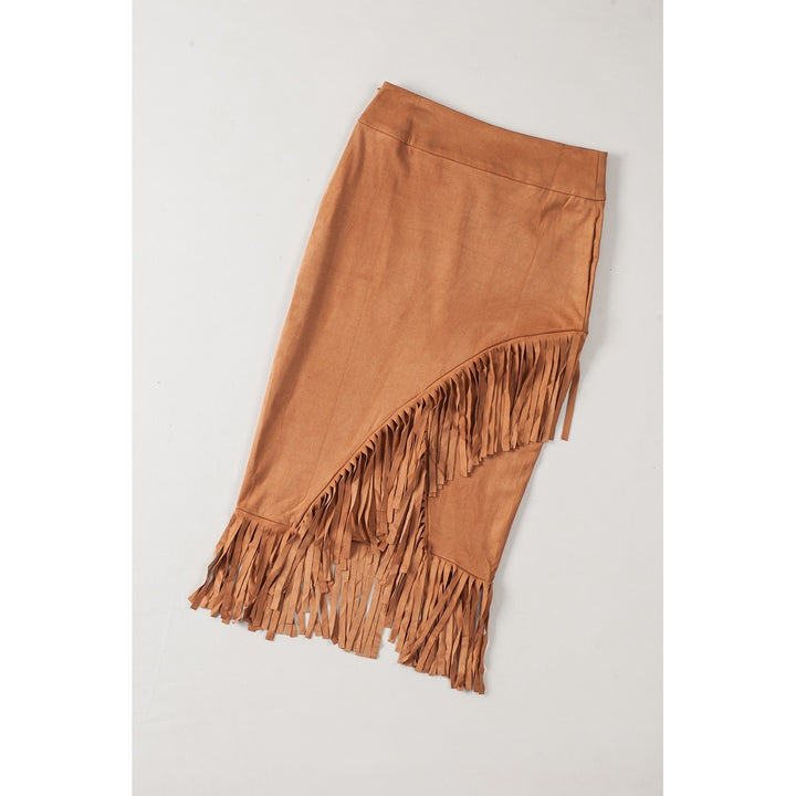 Womens Brown Fringe Asymmetric Wrap Suede Midi Skirt Image 9