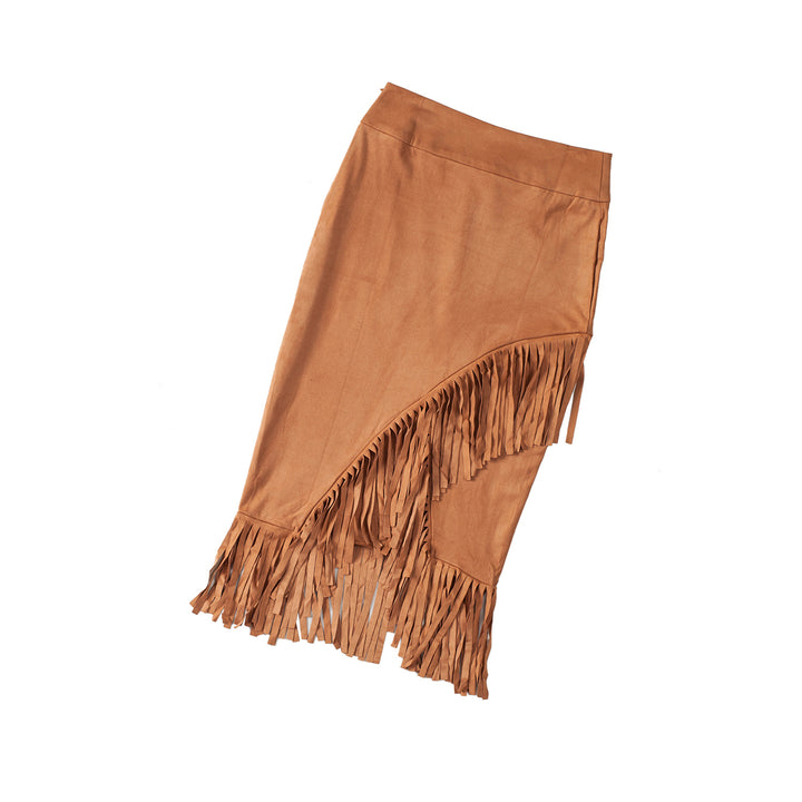 Womens Brown Fringe Asymmetric Wrap Suede Midi Skirt Image 10
