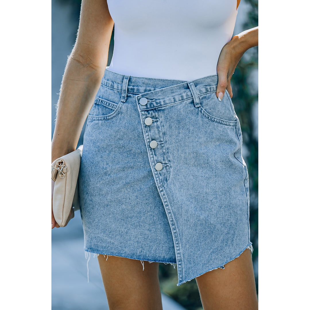 Womens Sky Blue Buttons Asymmetric Denim Mini Skirt Image 1