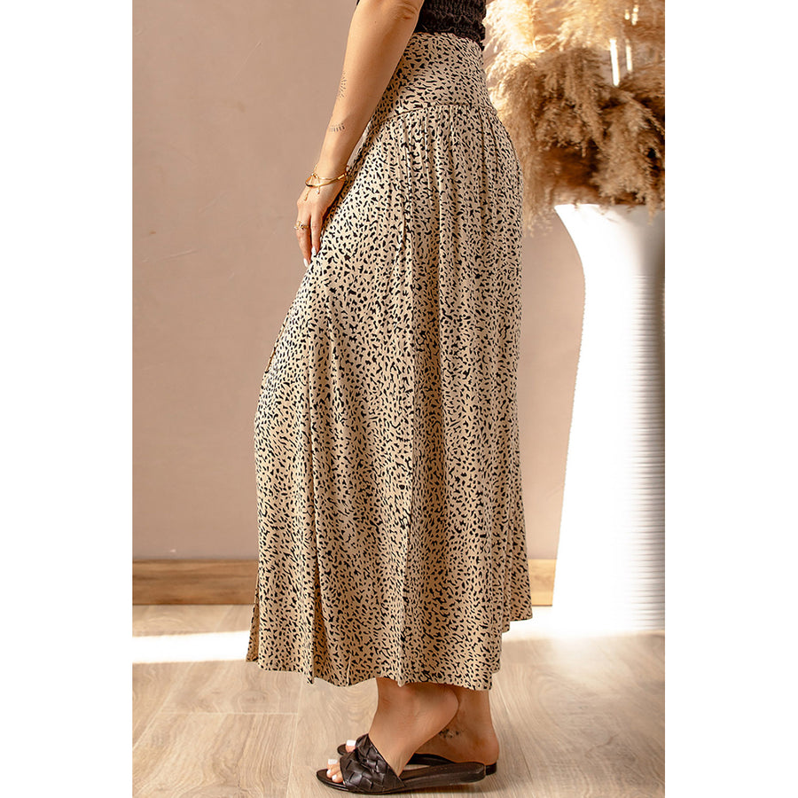Womens Khaki Pattern Print Side Slit High Waist Maxi Skirt Image 1