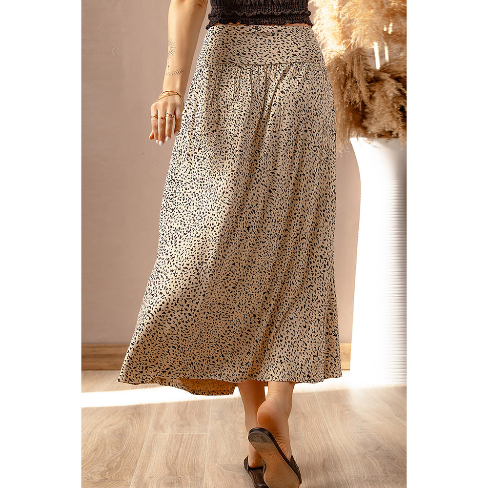 Womens Khaki Pattern Print Side Slit High Waist Maxi Skirt Image 2