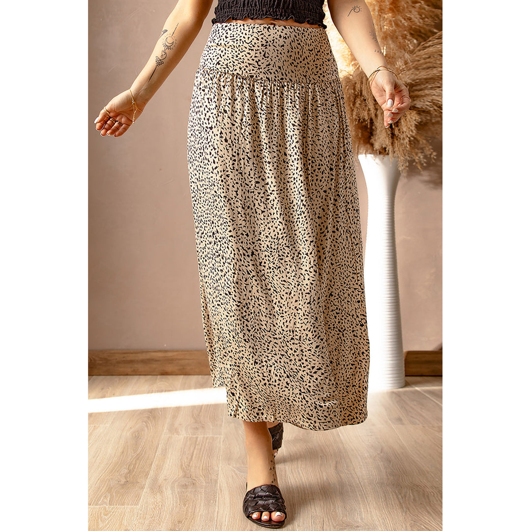 Womens Khaki Pattern Print Side Slit High Waist Maxi Skirt Image 3