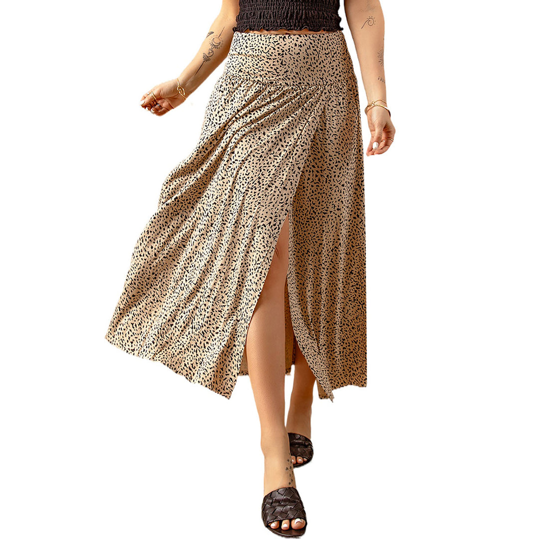 Womens Khaki Pattern Print Side Slit High Waist Maxi Skirt Image 4