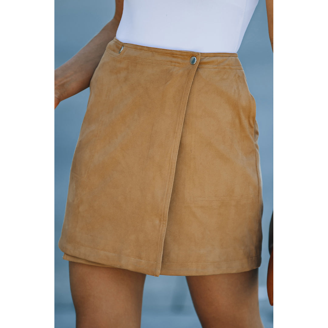 Womens Khaki Solid Color Wrap Mini Skirt Image 1