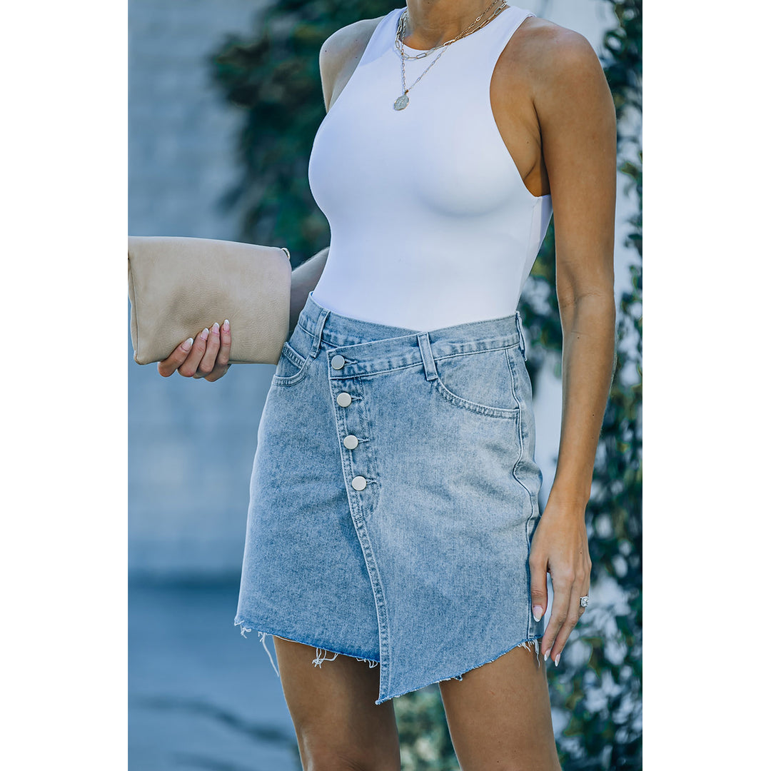 Womens Sky Blue Buttons Asymmetric Denim Mini Skirt Image 7