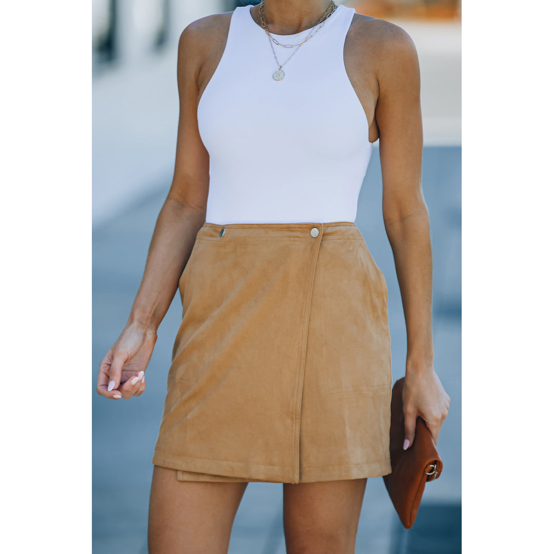 Womens Khaki Solid Color Wrap Mini Skirt Image 3