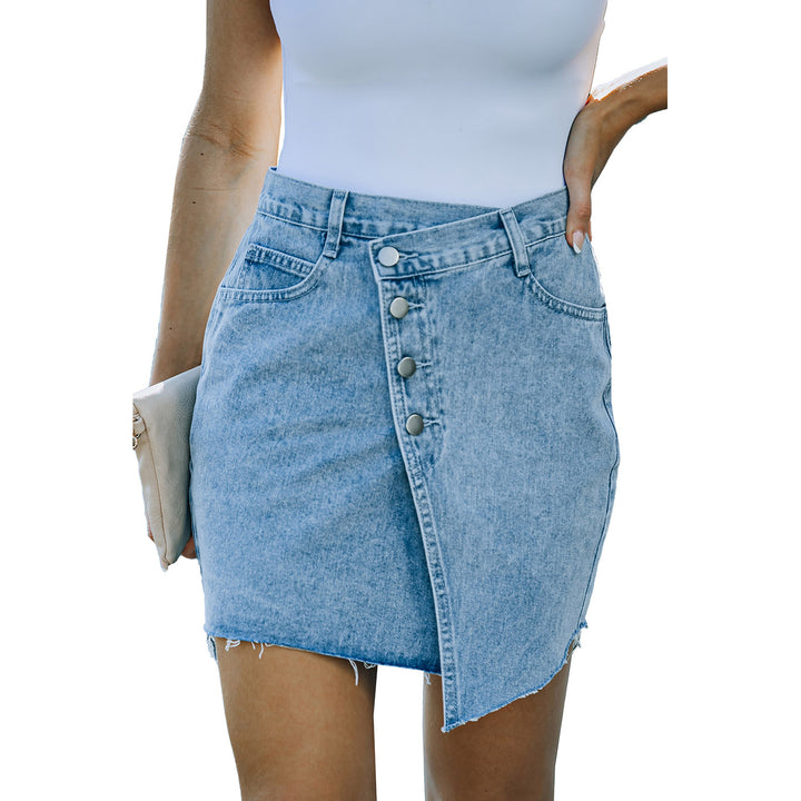 Womens Sky Blue Buttons Asymmetric Denim Mini Skirt Image 10