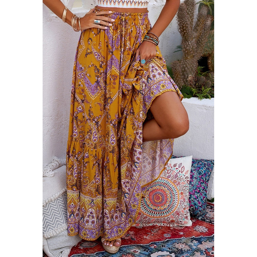 Women's Orange Boho Floral Print Ruffled Elastic High Waist Maxi Skirt Image 1