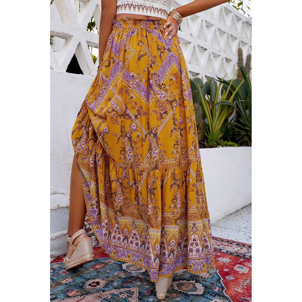 Women's Orange Boho Floral Print Ruffled Elastic High Waist Maxi Skirt Image 2