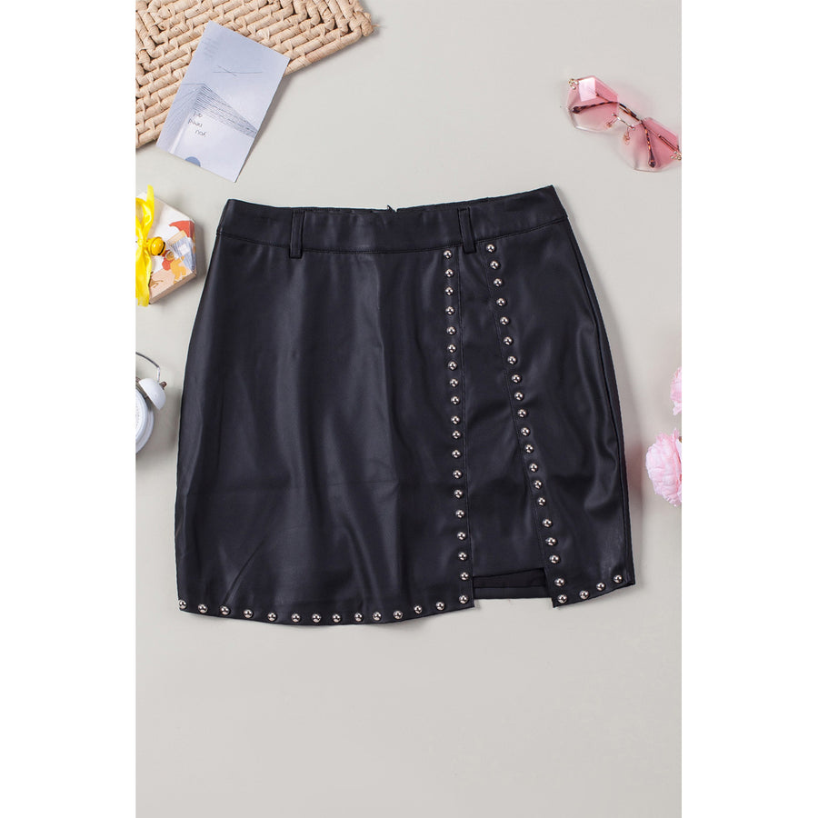 Women's Faux Leather Beaded Side Slit High Waist Mini Skirt Image 1