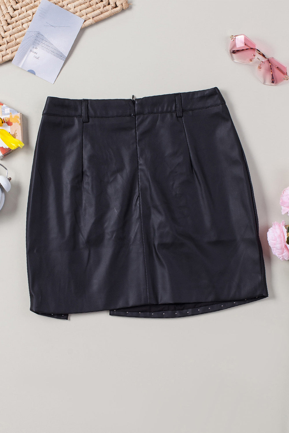 Womens Faux Leather Beaded Side Slit High Waist Mini Skirt Image 2