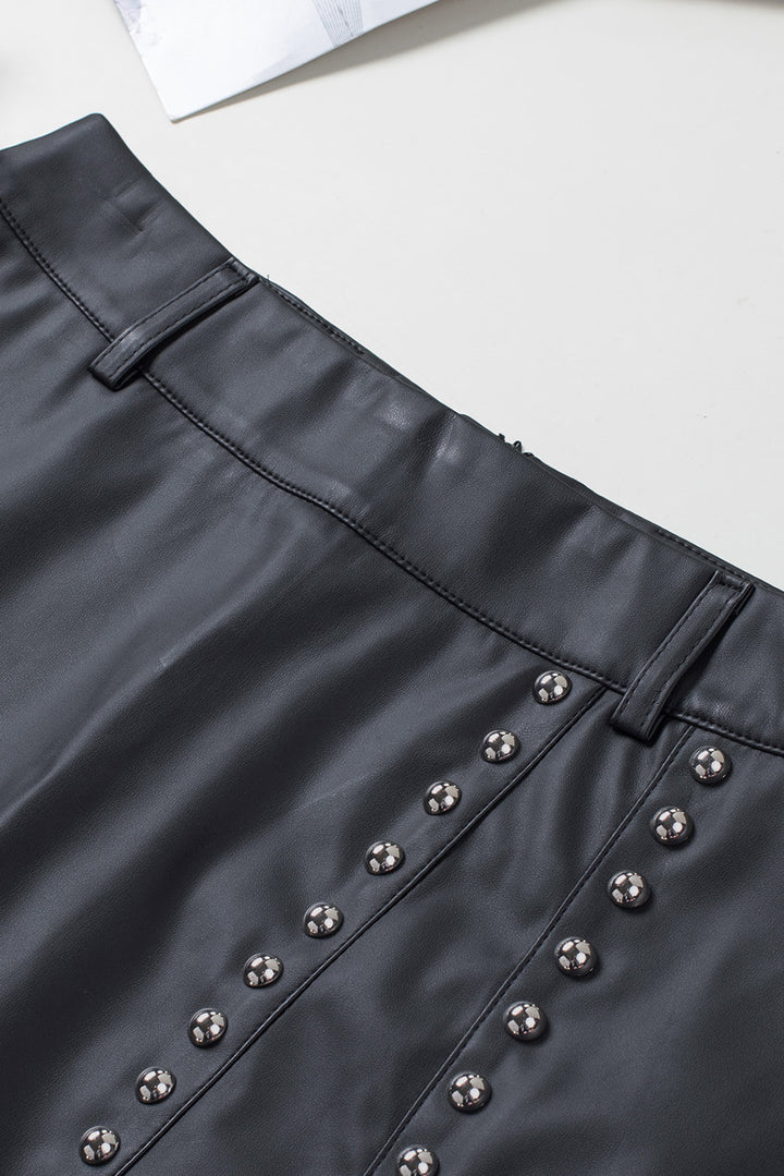 Womens Faux Leather Beaded Side Slit High Waist Mini Skirt Image 3