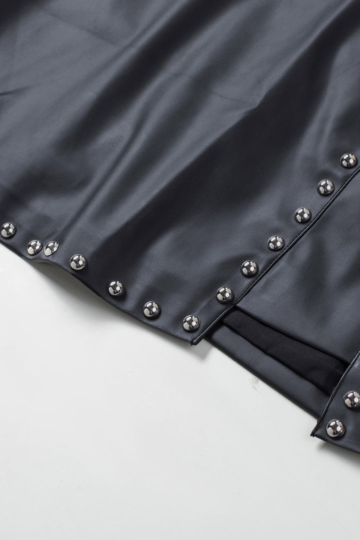 Womens Faux Leather Beaded Side Slit High Waist Mini Skirt Image 6