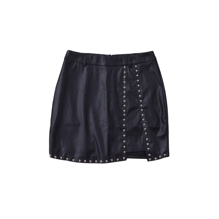 Womens Faux Leather Beaded Side Slit High Waist Mini Skirt Image 9