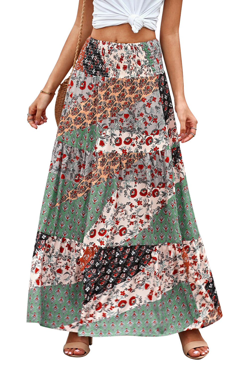 Womens Multicolor Boho Print Tie-Up Waist Long Maxi Skirt Image 2