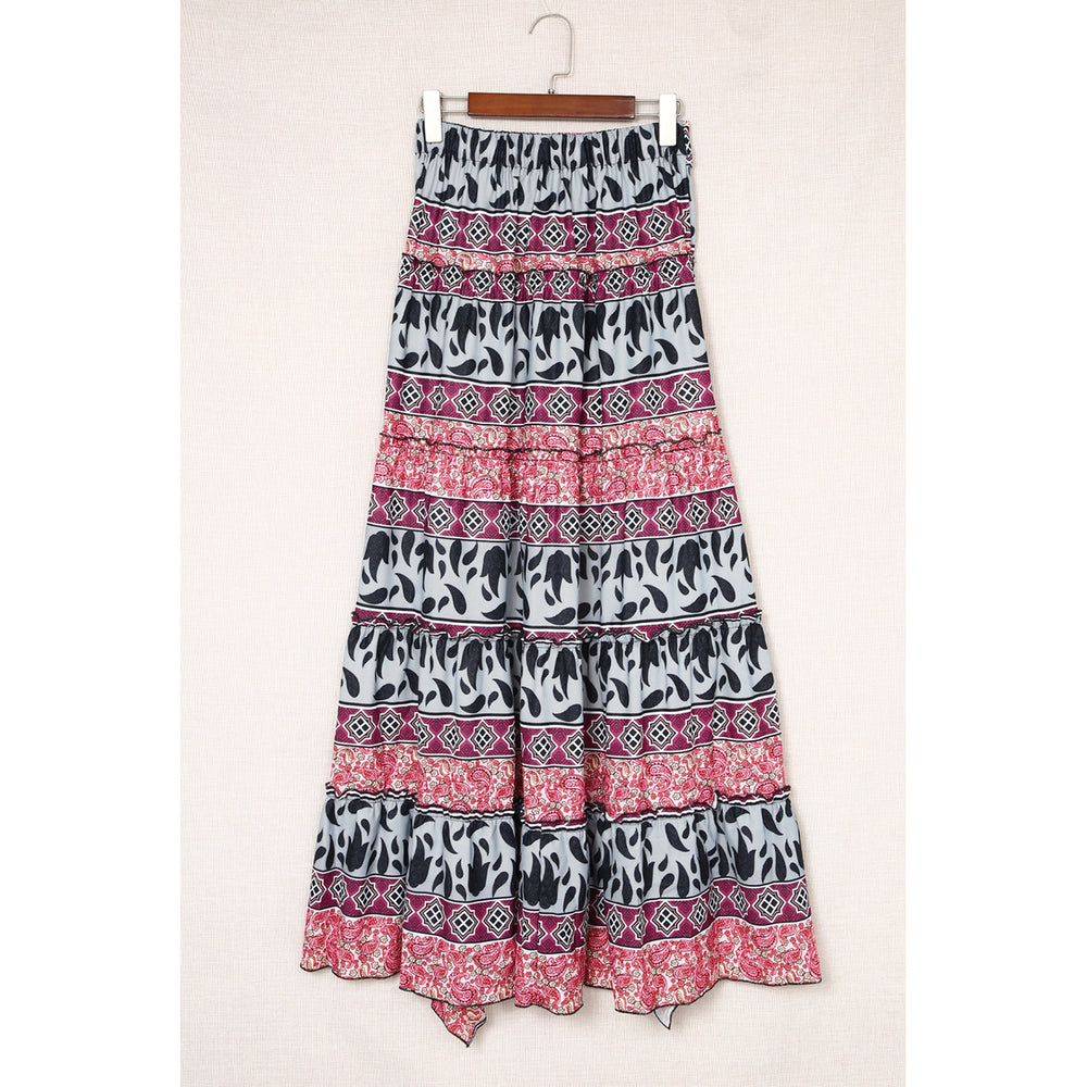 Women's Multicolor Boho Print High Low Tiered Skirt Image 2