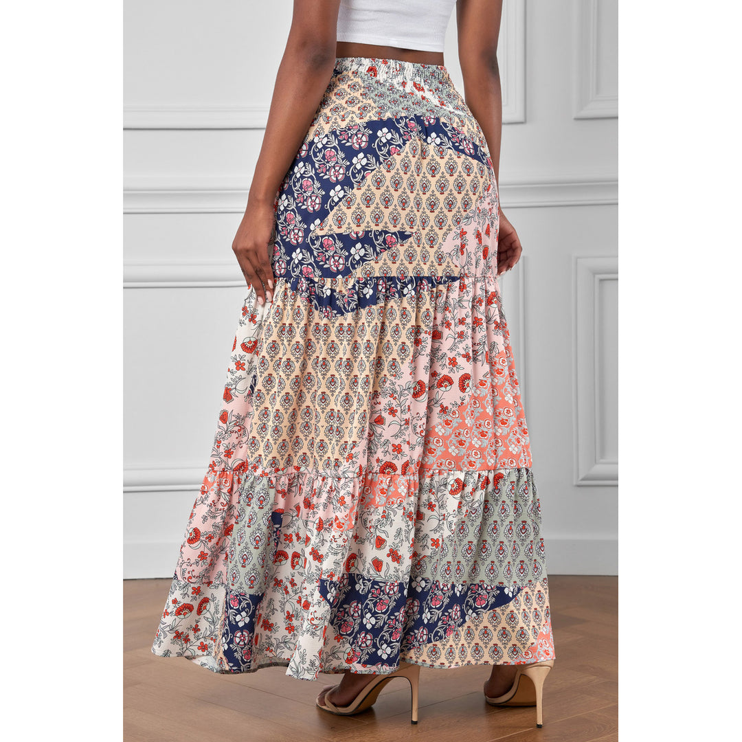 Womens Orange Boho Print Tie-Up Waist Long Maxi Skirt Image 6