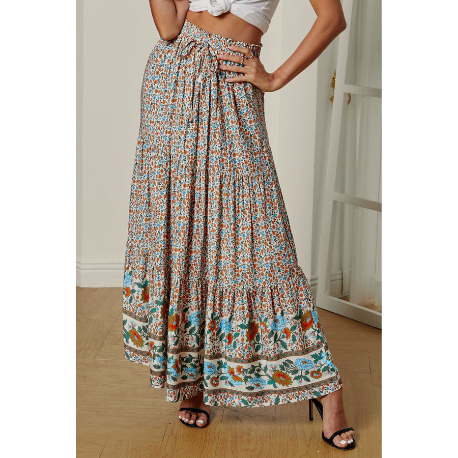 Womens Multicolor Boho Floral Print Elastic High Waist Pleated A Line Maxi Skirt Image 1