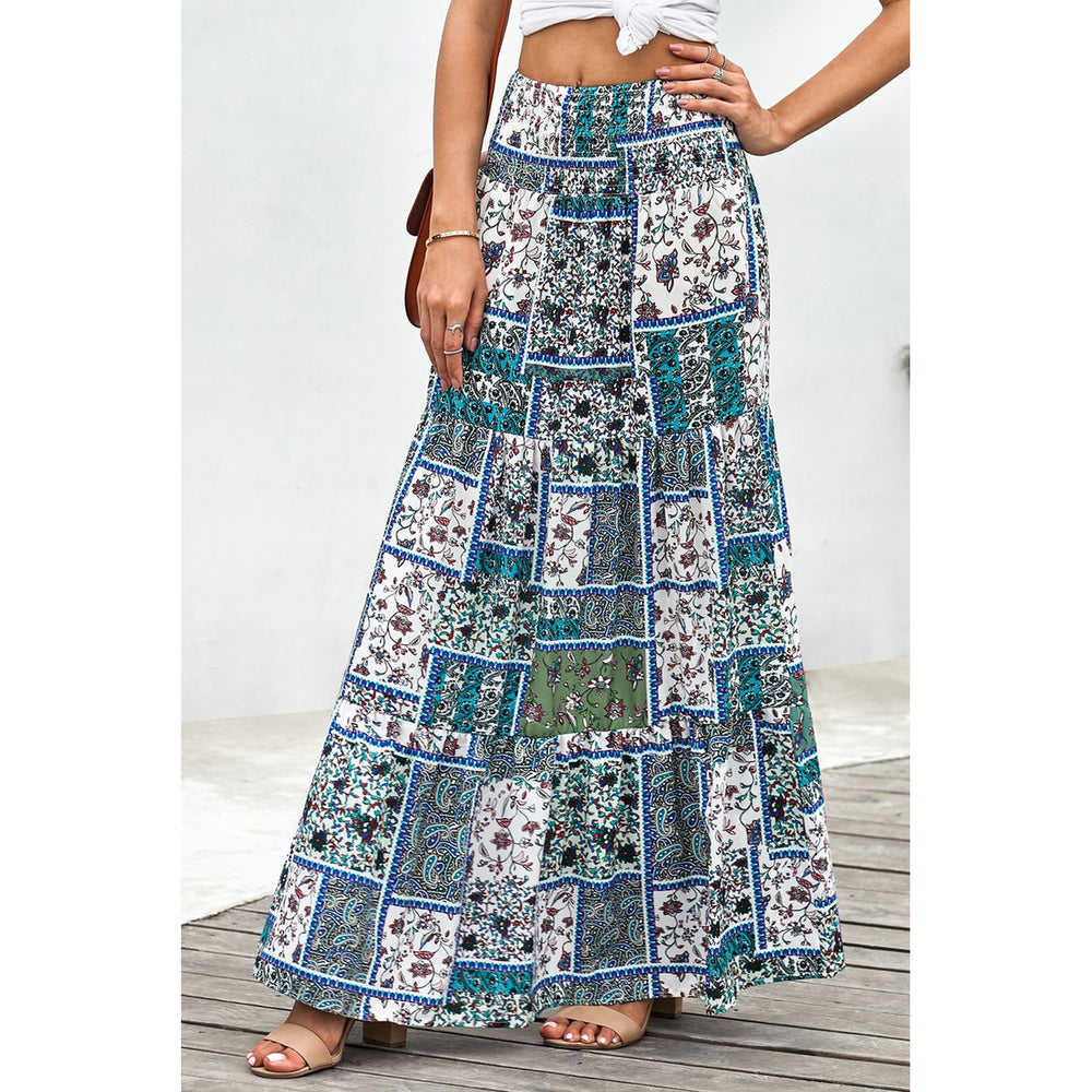 Womens Green Boho Print Tie-Up Waist Long Maxi Skirt Image 2