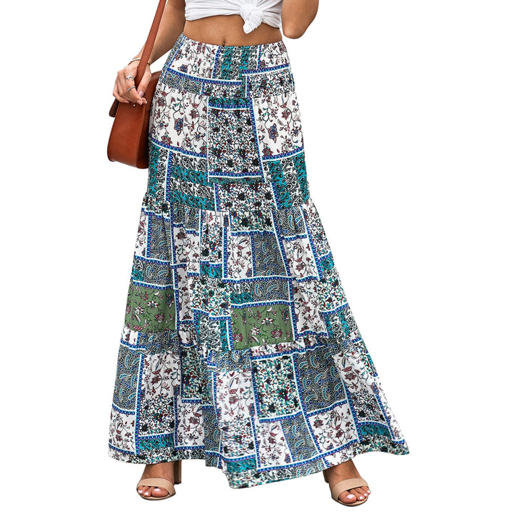 Womens Green Boho Print Tie-Up Waist Long Maxi Skirt Image 3