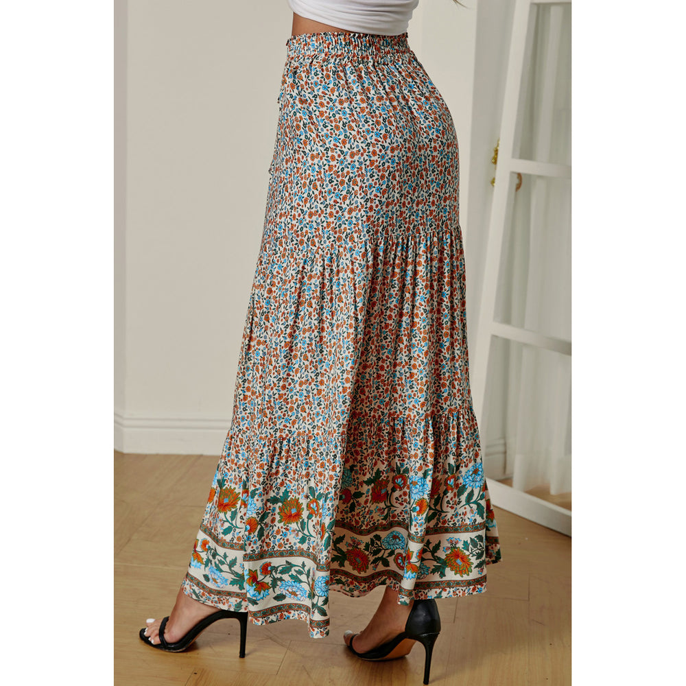 Womens Multicolor Boho Floral Print Elastic High Waist Pleated A Line Maxi Skirt Image 2