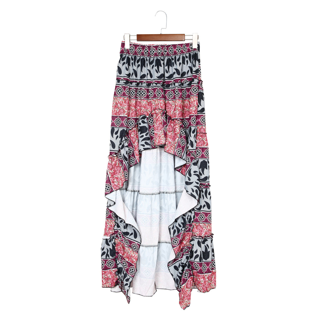 Womens Multicolor Boho Print High Low Tiered Skirt Image 10