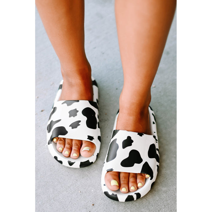 Womens White Cow Print Soft Soled Slippers Image 1
