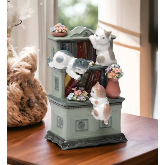 Ceramic Music Box Cats on Bookshelf Flowers 4"x3.125"x6" Gift Image 1