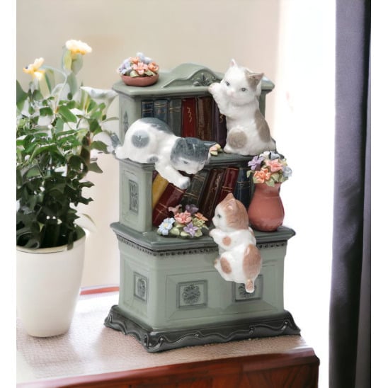 Ceramic Music Box Cats on Bookshelf Flowers 4"x3.125"x6" Gift Image 2