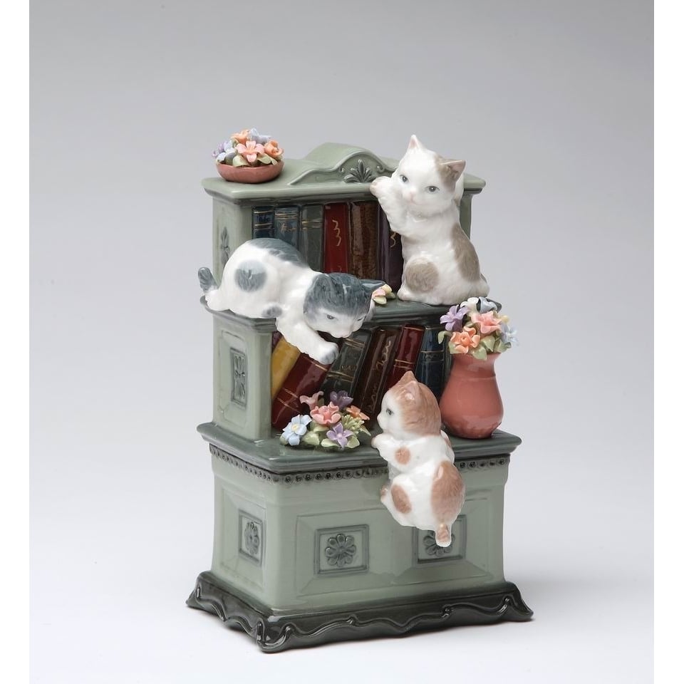 Ceramic Music Box Cats on Bookshelf Flowers 4"x3.125"x6" Gift Image 3