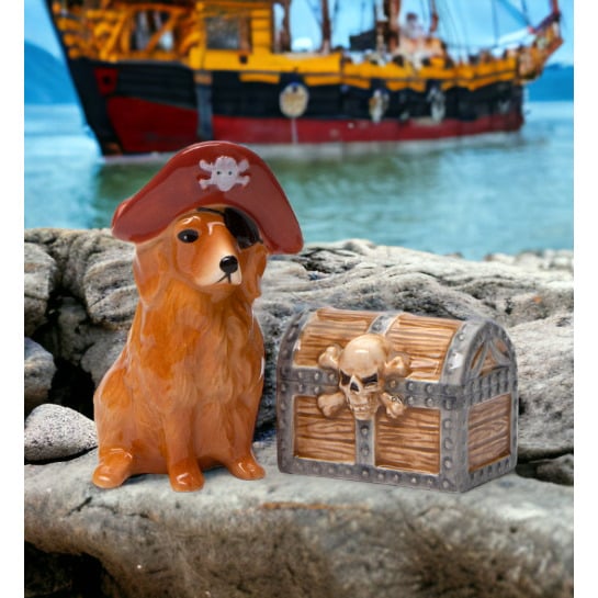 Kevins Gift Shoppe Ceramic Pirate Golden Retriever Dog and Treasure Box Salt and Pepper Shakers Image 1