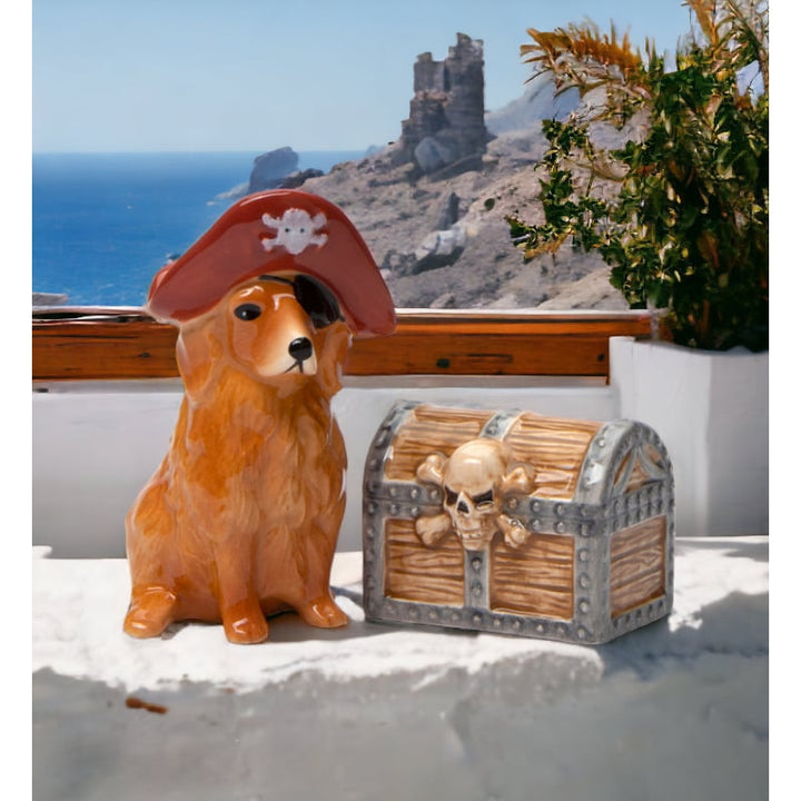 Kevins Gift Shoppe Ceramic Pirate Golden Retriever Dog and Treasure Box Salt and Pepper Shakers Image 2