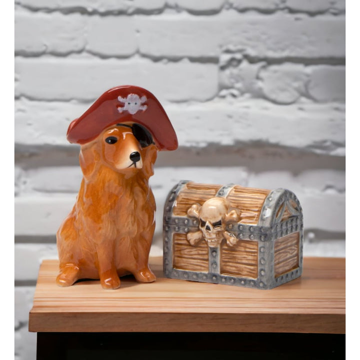 Kevins Gift Shoppe Ceramic Pirate Golden Retriever Dog and Treasure Box Salt and Pepper Shakers Image 3