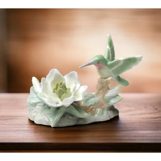 Ceramic Hummingbird Candle Holder with Magnolia Flower 4.5 Inch Image 1