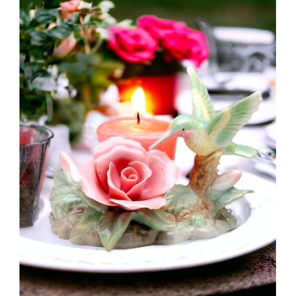 Ceramic Hummingbird Candle Holder with Rose Flower Glass Cup 4.5 Inch Image 1