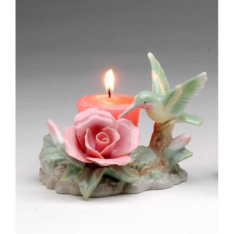 Ceramic Hummingbird Candle Holder with Rose Flower Glass Cup 4.5 Inch Image 2