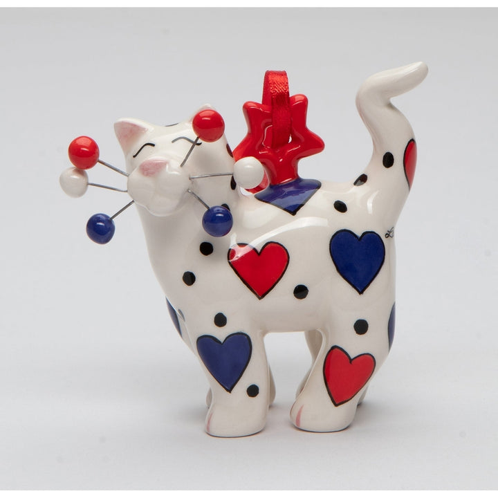 Ceramic Cat Ornament Red Blue Heart 2.5in Gift for Cat Image 2