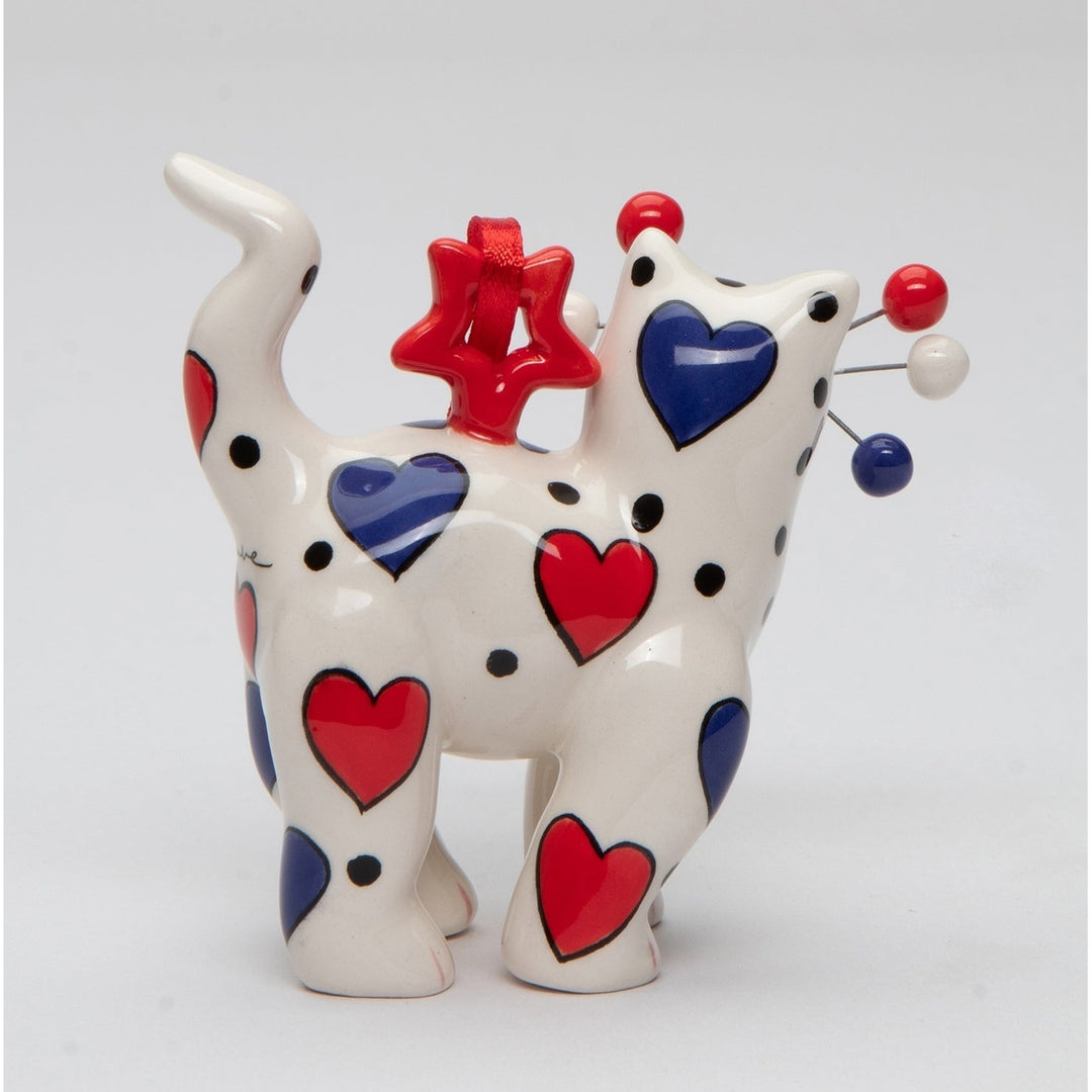 Ceramic Cat Ornament Red Blue Heart 2.5in Gift for Cat Image 3