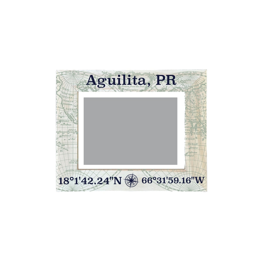 Aguilita Puerto Rico Souvenir Wooden Photo Frame Compass Coordinates Design Matted to 4 x 6" Image 1
