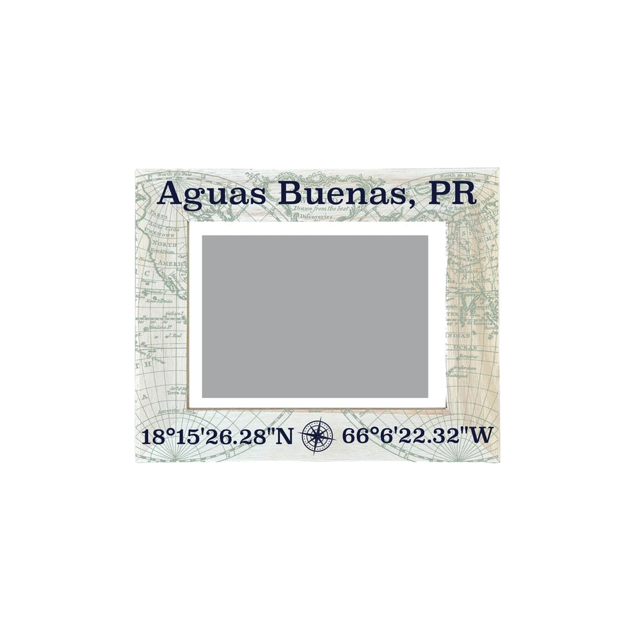 Aguas Buenas Puerto Rico Souvenir Wooden Photo Frame Compass Coordinates Design Matted to 4 x 6" Image 1