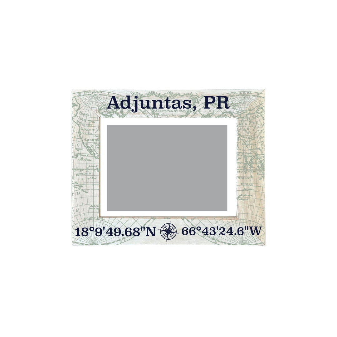 Adjuntas Puerto Rico Souvenir Wooden Photo Frame Compass Coordinates Design Matted to 4 x 6" Image 1