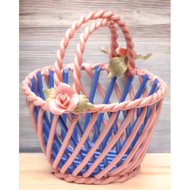 Ceramic Small Blue and Pink Woven Basket with Pink Rose FlowersHome Dcor, Image 1